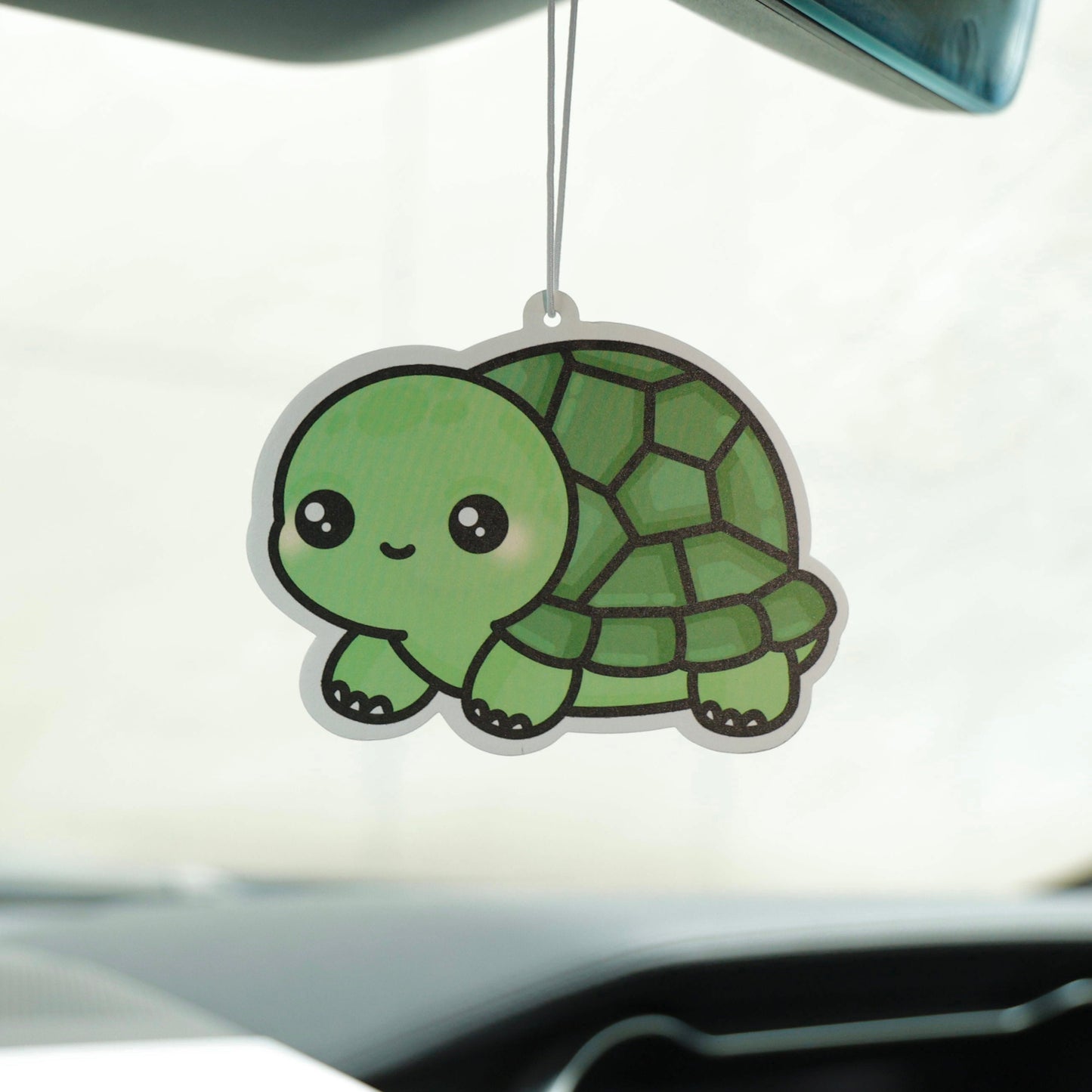 Car air freshener shaped like a turtle hanging from the rearview mirror.