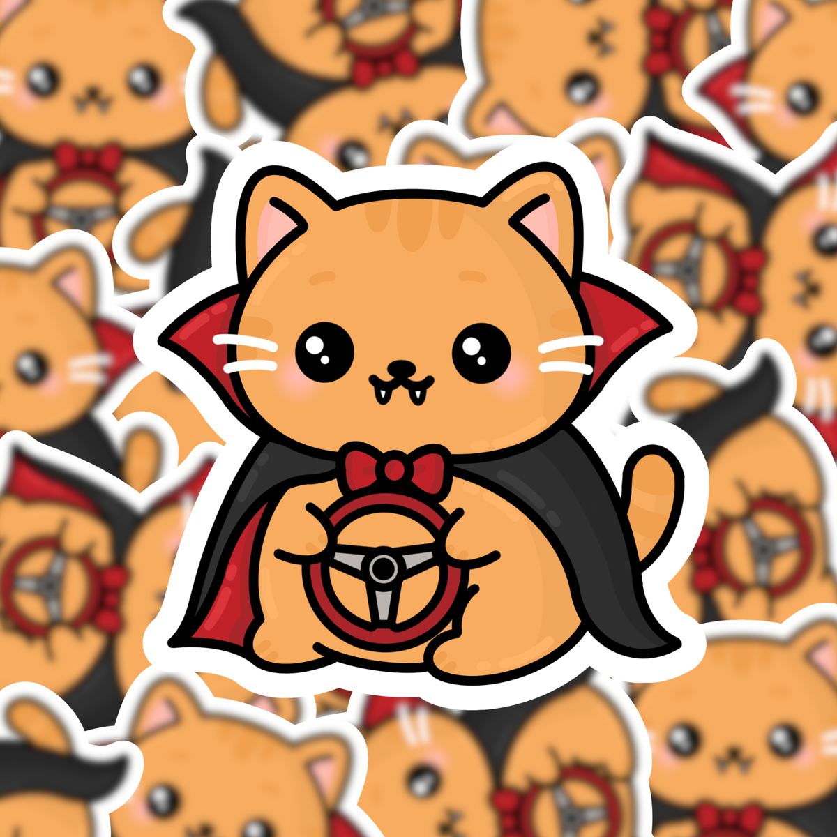 A die-cut sticker featuring a cute orange tabby cat dressed as a vampire, holding a steering wheel, with a black cape and red collar details, shown against a background of repeated versions of the same sticker.