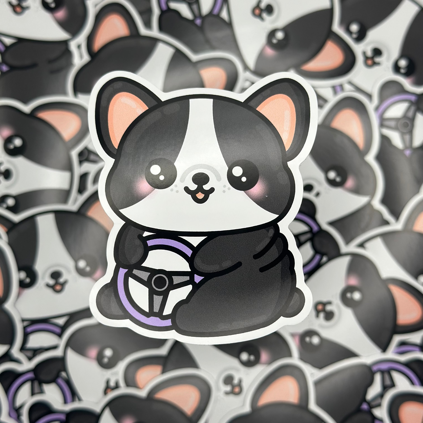 Cartoon bulldog with a steering wheel on a patterned background