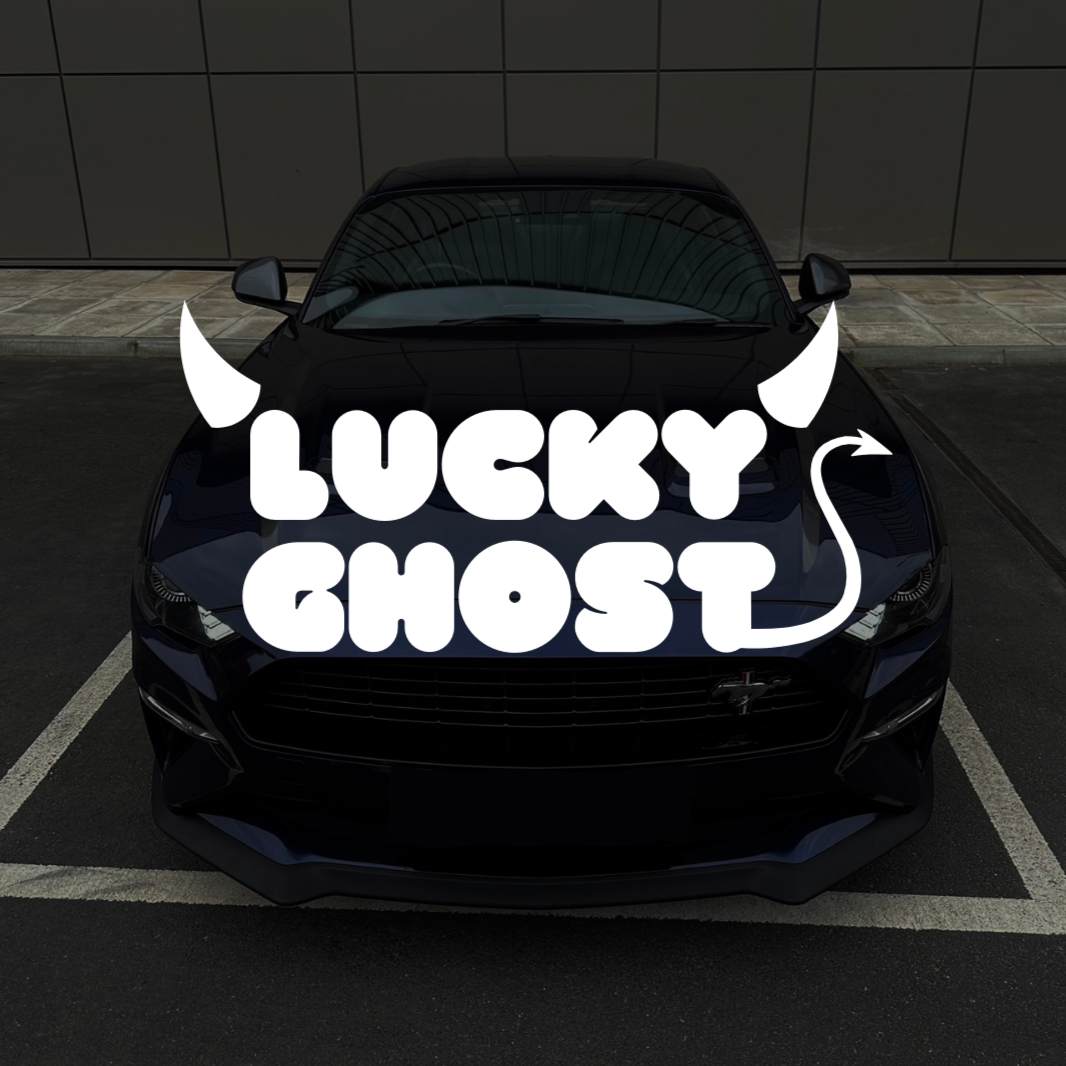 Black car with 'Lucky Ghost' decal on a dark tiled wall background