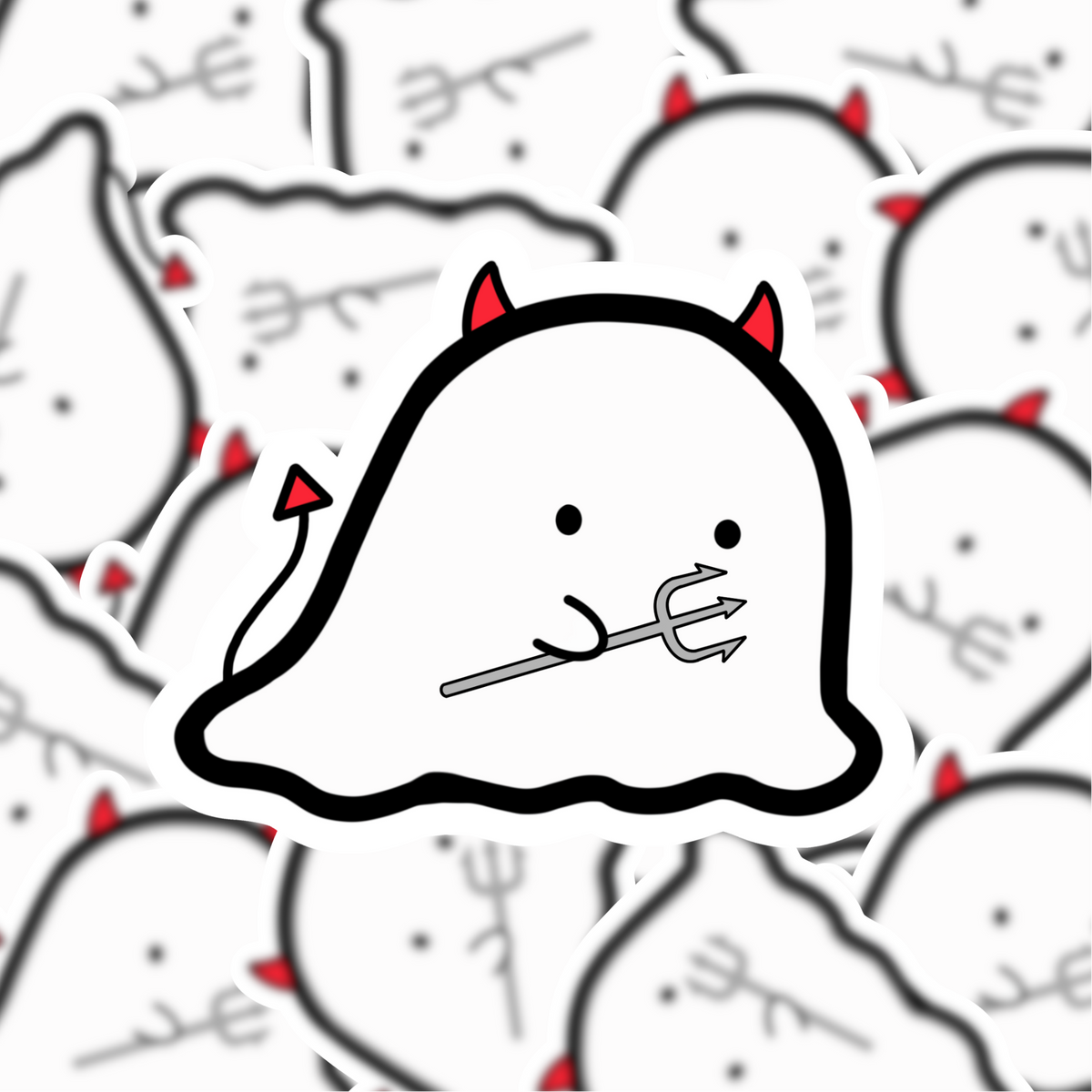 A die-cut sticker featuring a cute cartoon ghost with red devil horns and a small red tail tip, holding a silver trident. The sticker is shown layered over a repeating pattern of the same design in the background.