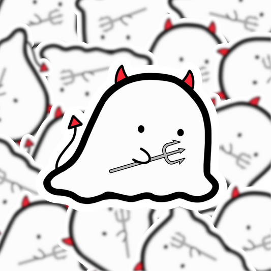 A die-cut sticker featuring a cute cartoon ghost with red devil horns and a small red tail tip, holding a silver trident. The sticker is shown layered over a repeating pattern of the same design in the background.