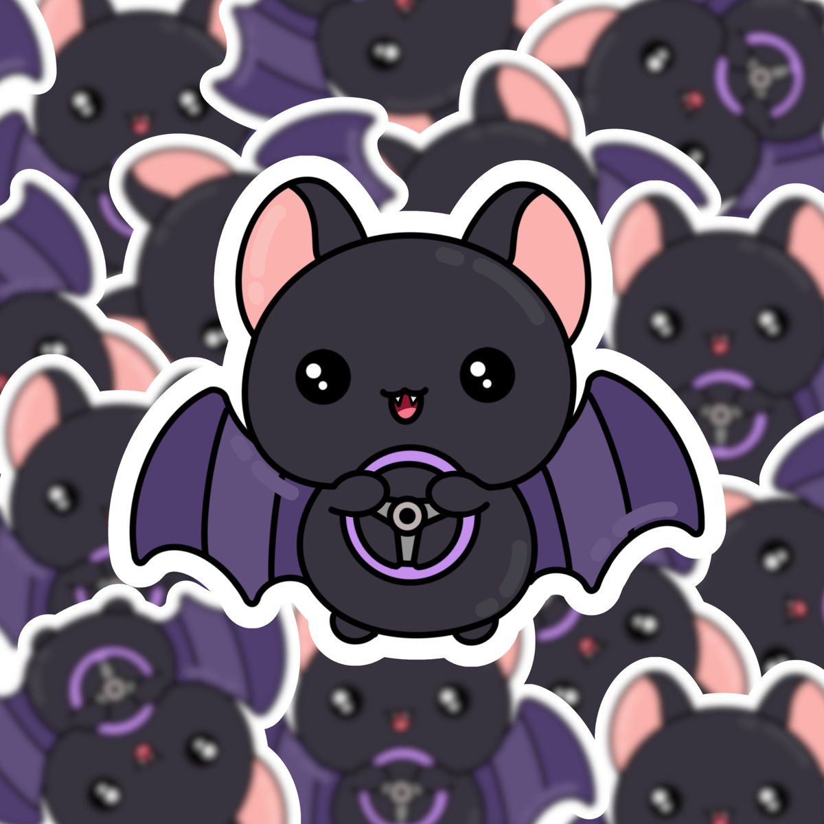 A cute cartoon bat sticker with pink ears, a black body, purple wings, and a purple steering wheel, shown with a repeating pattern of the same sticker in the background.