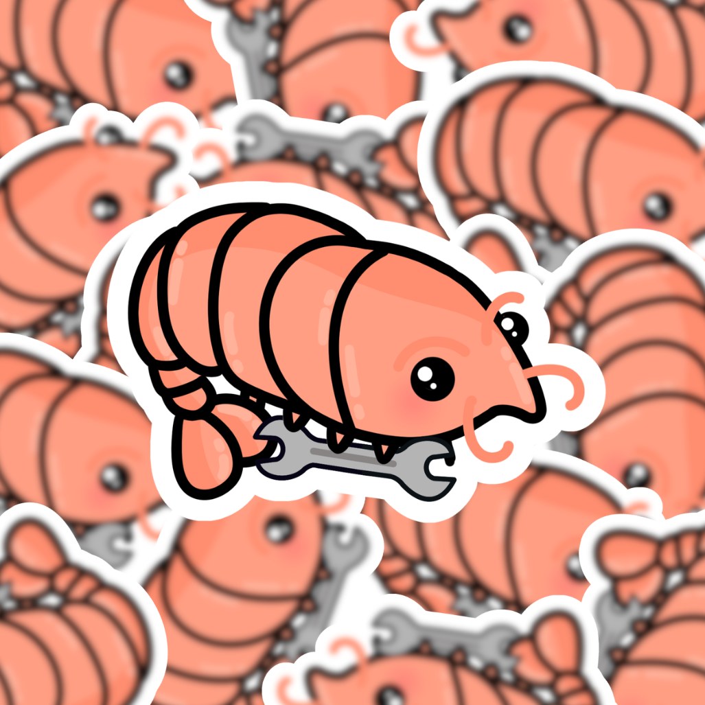 A cartoon shrimp sticker with a wrench under its leg, shown layered over a repeating pattern of the same sticker design.