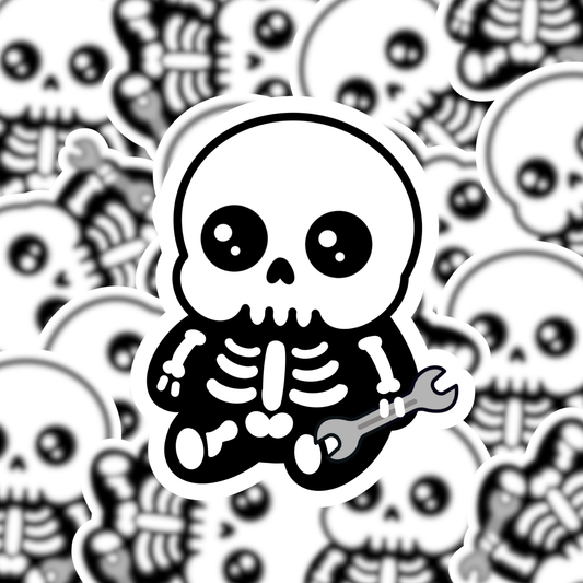 A black and white cartoon skeleton sticker holding a wrench, shown in the center with a repeating pattern of the same sticker blurred in the background.