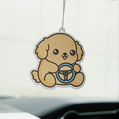 Car air freshener shaped like a dog with a steering wheel, hanging from a car's rearview mirror.