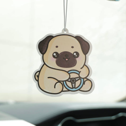 Car air freshener shaped like a pug hanging from a car's rearview mirror.
