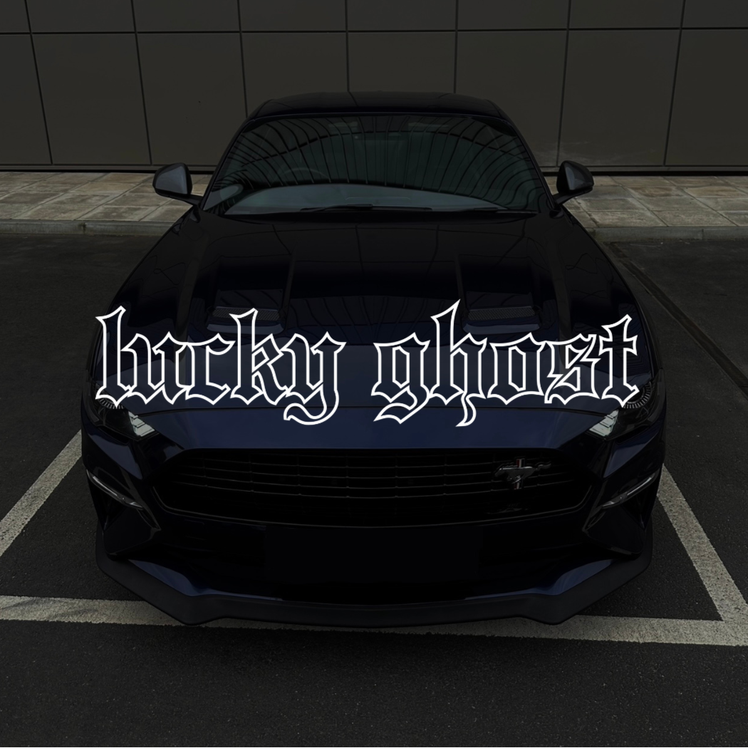 Black car with 'bucky ghost' decal on a dark background