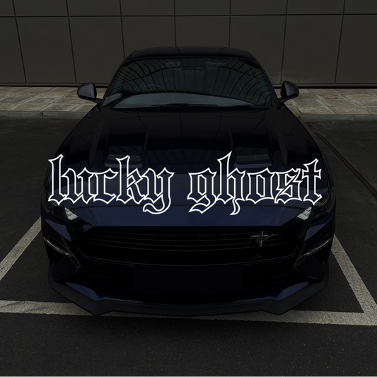 Black car with 'bucky ghost' decal on a dark background