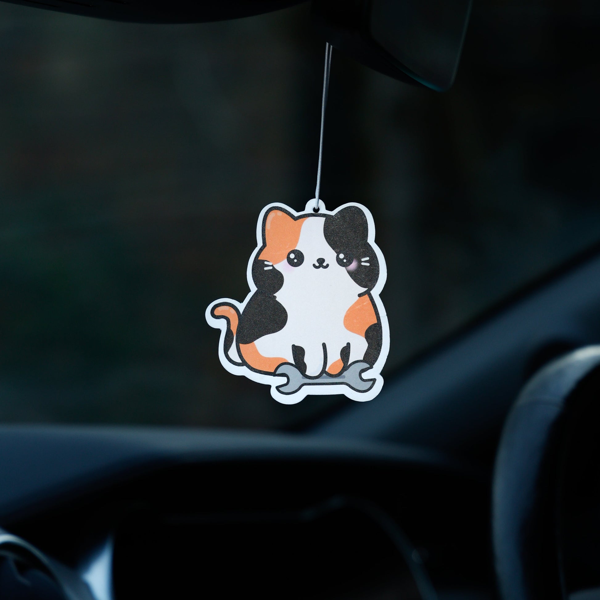 Car air freshener shaped like a cat hanging from the rearview mirror.