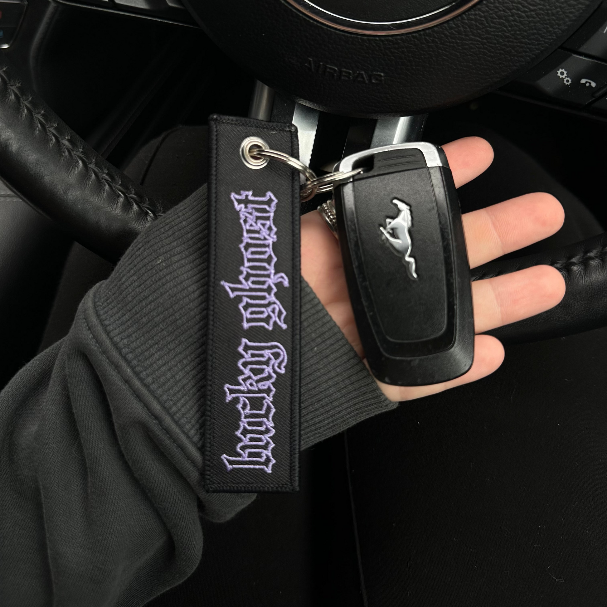 Hand holding car keys with a keychain featuring a logo inside a car.