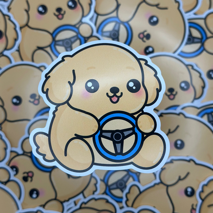 Cartoon dog with a steering wheel on a background of similar dogs
