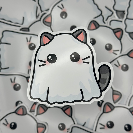 Sticker of a cartoon cat with a pattern of similar cat illustrations in the background