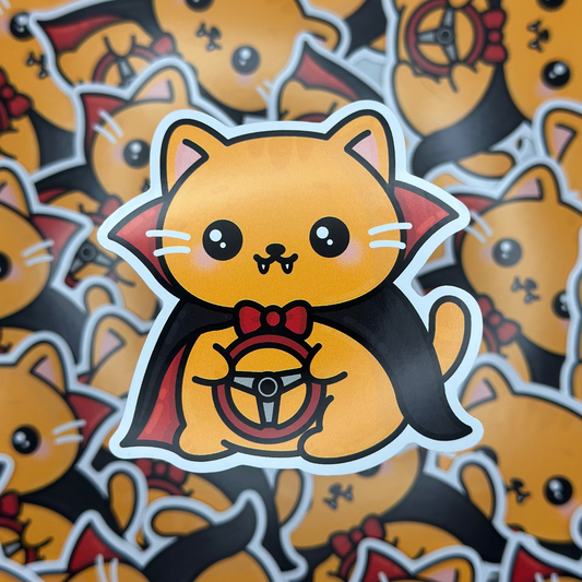 Sticker of a cat with a steering wheel on a background of similar cat stickers.