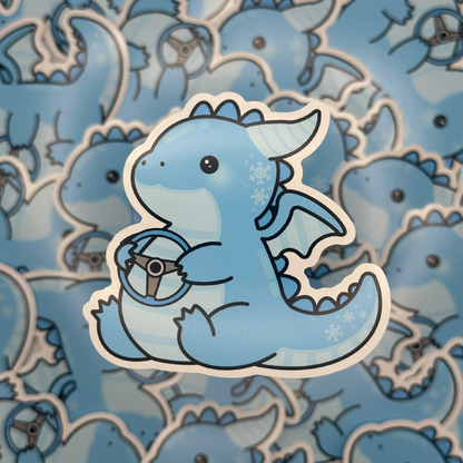 Sticker of a blue dragon holding a heart on a blue background with similar dragon illustrations.