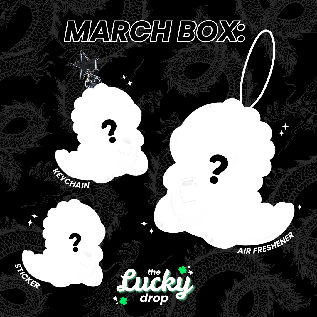 Promotional graphic for March Box by the Lucky Drop with cloud-shaped products and question marks.
