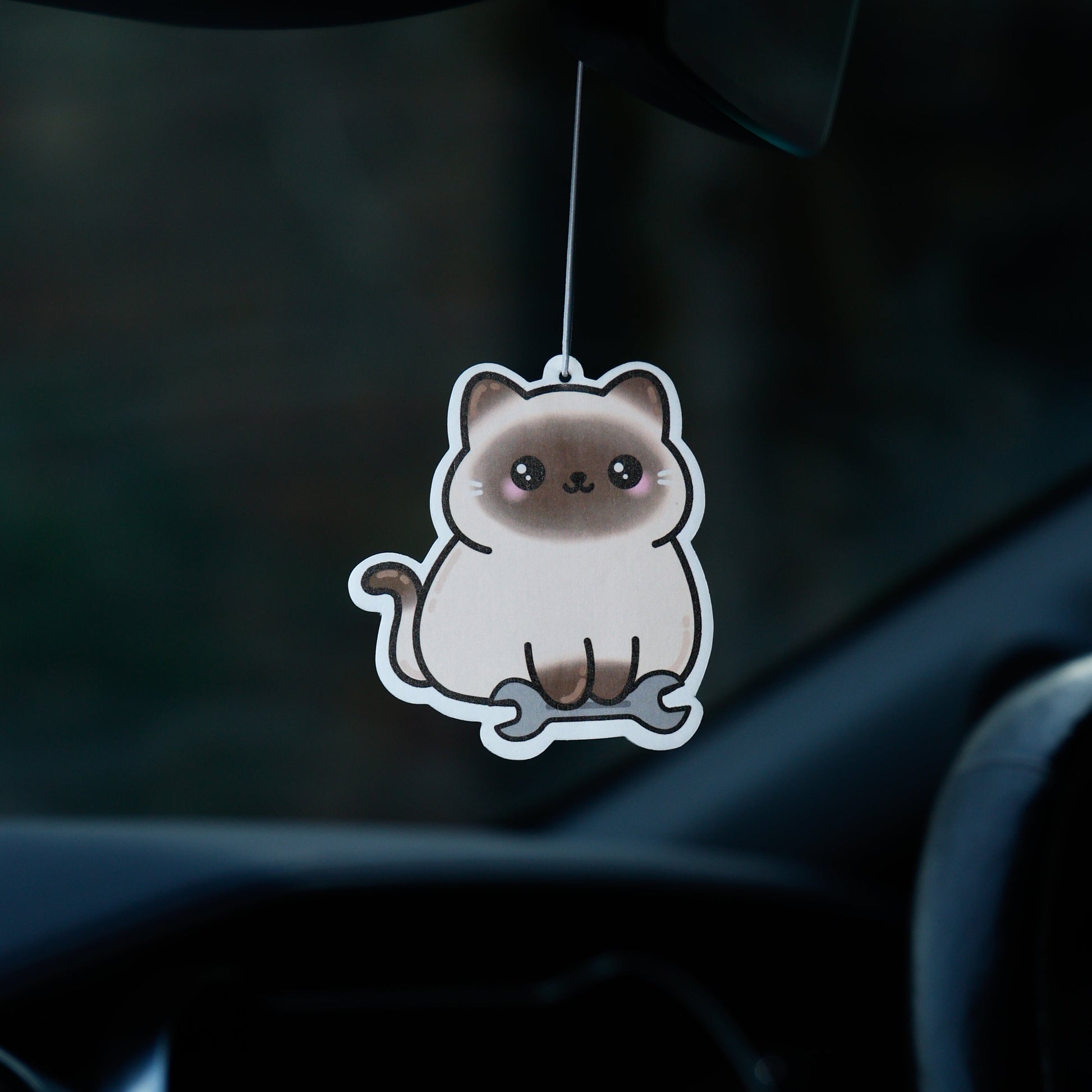Car air freshener shaped like a cat hanging from the rearview mirror.